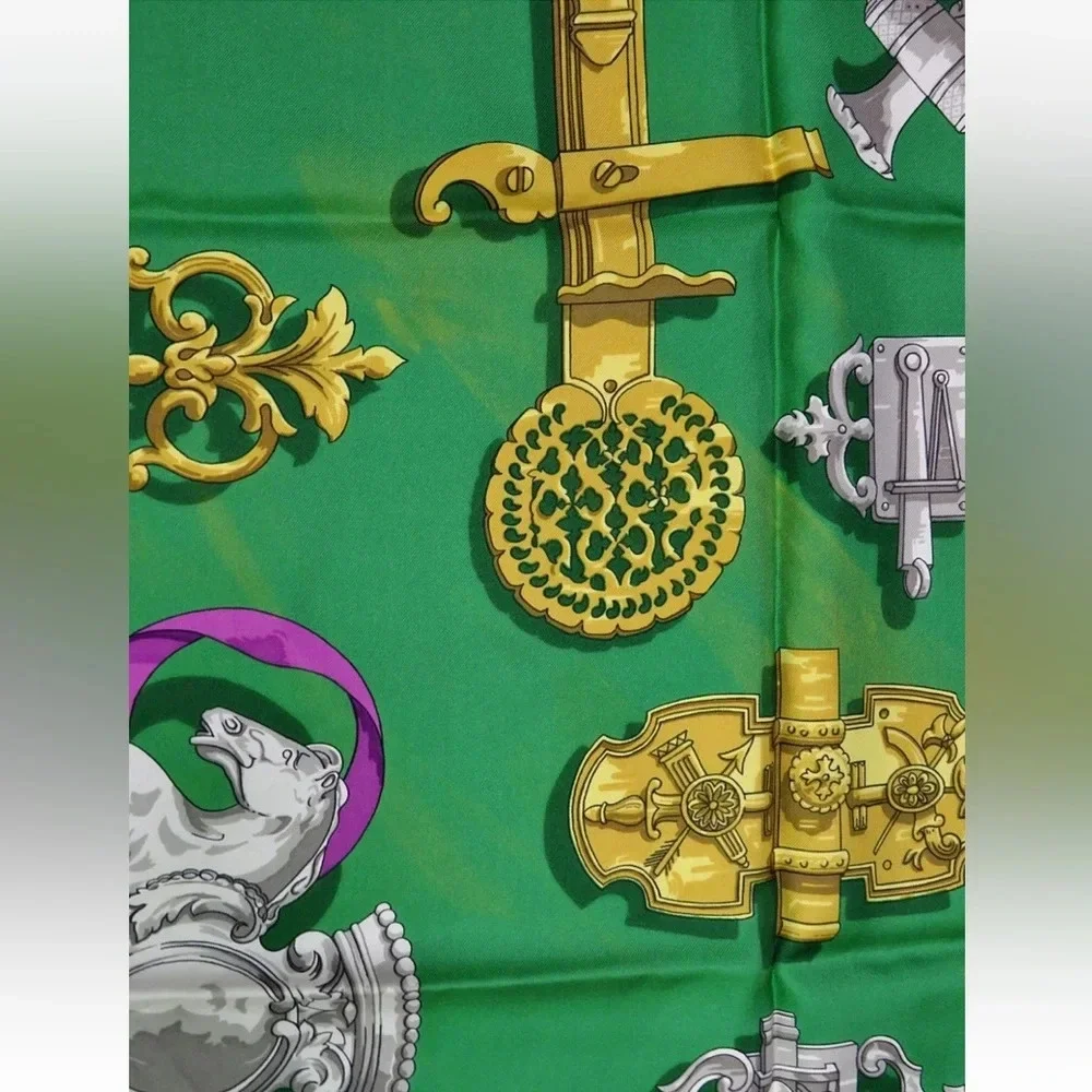 Hermes Green and Gold Scarf with Purple Accents - Picture 13 of 15